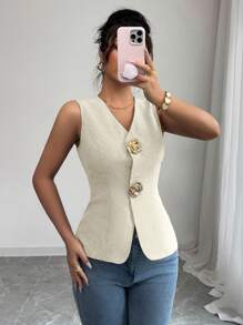 Gloray Chaleco de mujer con cuello en V, ajustado, decorado con botones dorados en forma de rosa
