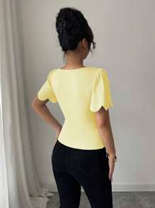 Elenzga 时尚法式贝壳边泡泡袖纯色短款上衣，优雅圆领修身衬衫 - 黃色 - 查看 2