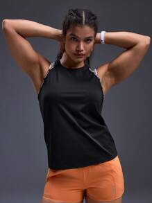 Powerista Letter Print Trim Cropped Racerback Tank Top - Black - View 5