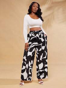 SHEIN SXY Plus Size Women Geometric Print Knotted Waist Pockets Wide Leg Pants,Suitable For Early Spring, Spring And Summer, Rainforest, Beach Party, Seaside Vacation, Bonfire Party, Cool And Light, Slim Fit, Comfortable To Wear,Easy To Match&Looks Slim,Accent Your Body,Flatter The Figure