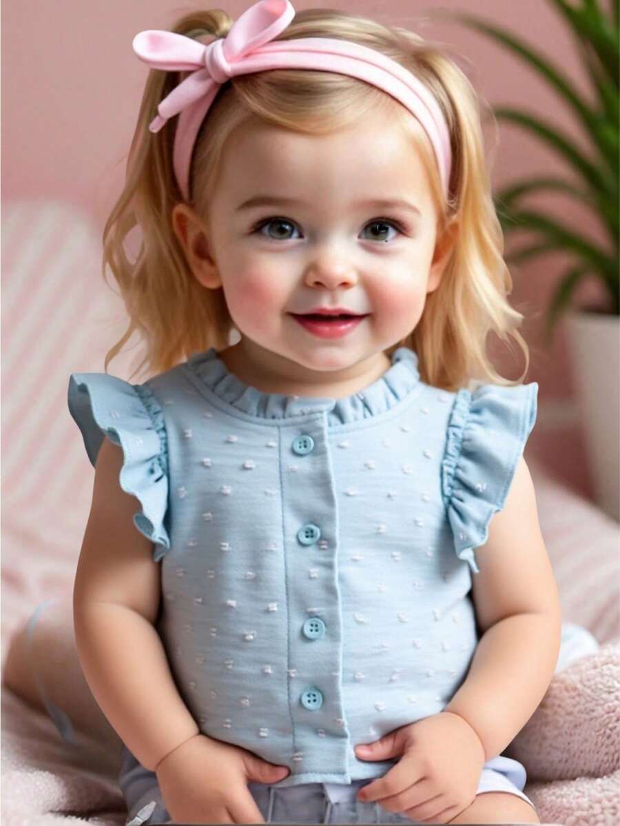 SHEIN Baby Girls Sleeveless Lace Trim Blouse Ruffle Tank Top - Blue - View 1