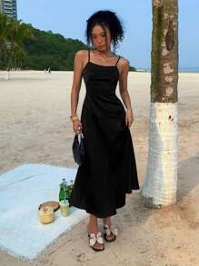 DAZY Women's Satin Slim Fit Waist Maxi Cami Dress,Casual Women Dresses Vacation - Black - View 7