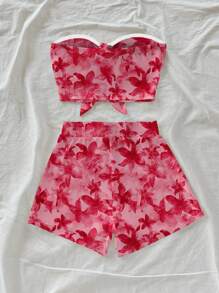 Soleia Conjunto de 2 piezas con top corto tipo bustier con nudo al frente y shorts ajustados, estampado floral veraniego tipo hawaiano