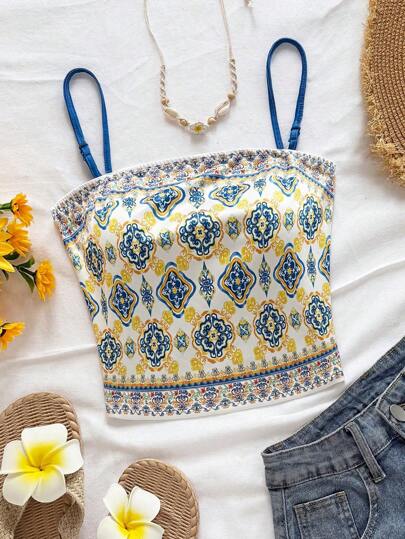 Soleia Women's Retro Blue & White Retro Print Cropped Cami Top, Suitable For Vacation Butter Yellow Summer Tops Church Beach