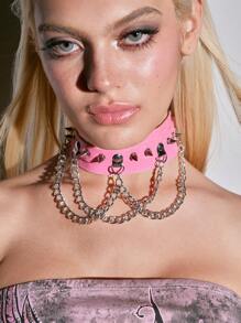 ROMWE Grunge Punk 1pc Gothic Exaggerated PU Leather Choker Necklace, Punk Street Wear Metallic Chain Pendant Collar Necklace