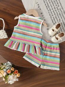 SHEIN Baby Girl Clothes  Summer Dress 2pcs Summer Infant/Baby GirlSet - Sleeveless Floral & Rainbow Striped Knit Top With Dot Ruffle Trim + Comfy Wide Leg Shorts - Green - View 2