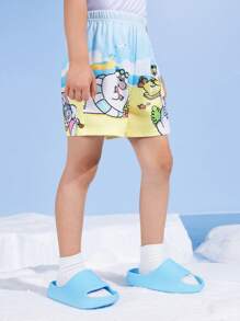 SEALOOK X SHEIN Young Boy Cartoon Seal Beach Ocean Blue Breathable Casual Shorts - Blue - View 1