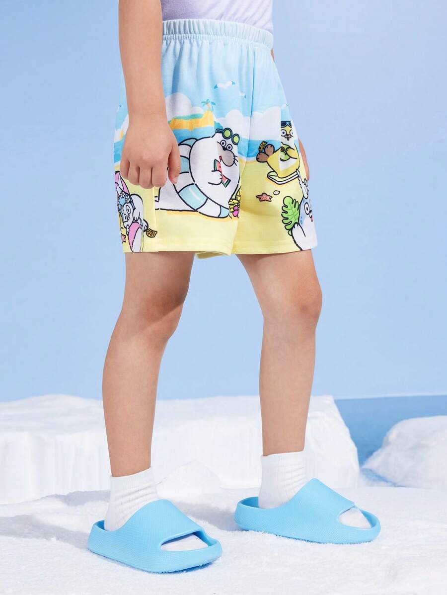 SEALOOK X SHEIN Young Boy Cartoon Seal Beach Ocean Blue Breathable Casual Shorts - Blue - View 1