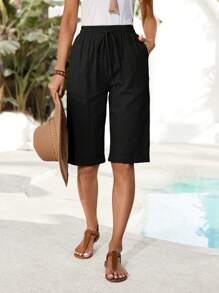 EMERY ROSE Women's Regular Linen Black Elastic Waist Casual Drawstring Shorts,Linen Pants