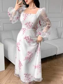 Feyla Women Floral Print Semi-Sheer Long Sleeve Dress,Bohemian Clothes - Red - View 3