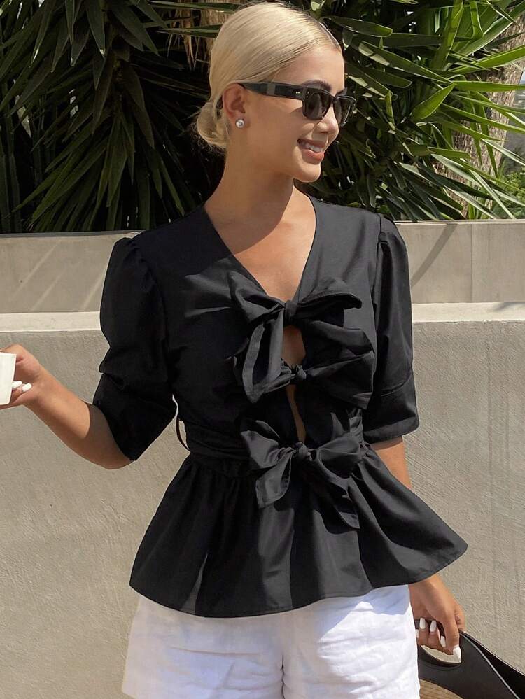 Women's French Simple Style Commuting Slim Fit V-Neck Puff Sleeve Tie Front Crop Top,Babydoll Top Vacation