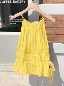 Comfortcana 夏季休闲黄色褶饰露背上衣
