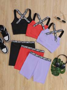 SHEIN Leap Crew 6件套少女针织纯色字母带运动服套装 - 玫紅色 - 查看 2