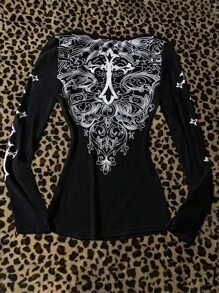 Glimmora Women's Cross Print V-Neck Long Sleeve Casual T-Shirt Fall Cloth For Women