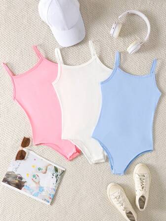 SHEIN Tween Girl Enfärgat Enkelt Bekvämt 3-delat Set: Rundringad Ärmlös Sparkdräkt