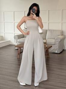 INAWLY 女式夏季纯色褶皱阔腿休闲连体裤