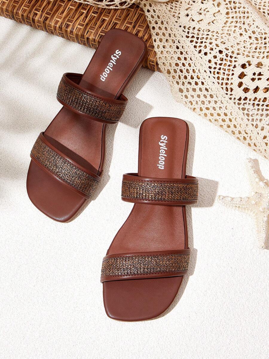 Styleloop Sandalias planas cuadradas con decoración de flores de lino beige para mujer, estilo de vacaciones de moda - Marrón - Ver 1