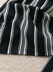 SHEIN CURVE+ Plus Size Women Woven Striped Print Ruffle Edge Drawstring Wide Leg Casual Long Pants, Spring/Summer - Black and White - View 5