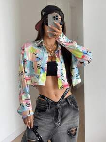 SHEIN Unity 女式全印花长袖实用口袋短款休闲衬衫 - 綠色 - 查看 6