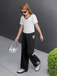 Conjunto de 2 piezas de pantalones rectos con lazo en el cuello y adorno de encaje para niña, look casual elegante