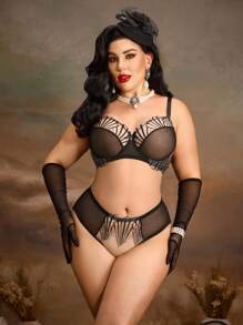 SHEIN Set de 2 piezas de lencería sexy con sujetador con aros y calzones de encaje y malla para tallas grandes - Negro - Ver 3
