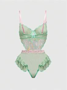 ROMWE Kawaii Body sexy con bordados florales, volantes y lazo hecho a mano con aros para mujer, ideal para un resort romántico