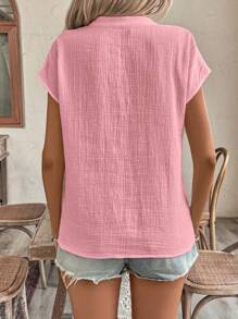 Ellegaria. 女式夏季心形印花V领蝙蝠袖短袖休闲衬衫 - 藕粉色 - 查看 2