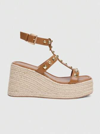 Fairycore Sandalias informales de plataforma y cuña para mujer, con tachuelas y hebilla en estilo bohemio, ideales para la calle y la playa, en color marrón