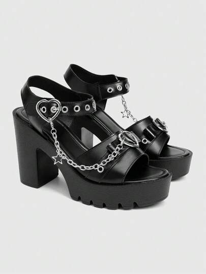 Grunge Punk Elegant Fashion Women's Heart & Star Metal Chain Design High Heel Sandals With Platform, Punk Style Round Toe Roman Sandals Suitable For Party, Daily Wear, Evening Dress, Height Increasing And Leg Lengthening, Comfortable Versatile Ladies High Heels