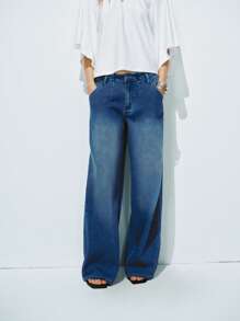 Lumivelle Women's Casual Washed Low Waist Wide Leg Jeans - Medium Wash - View 7