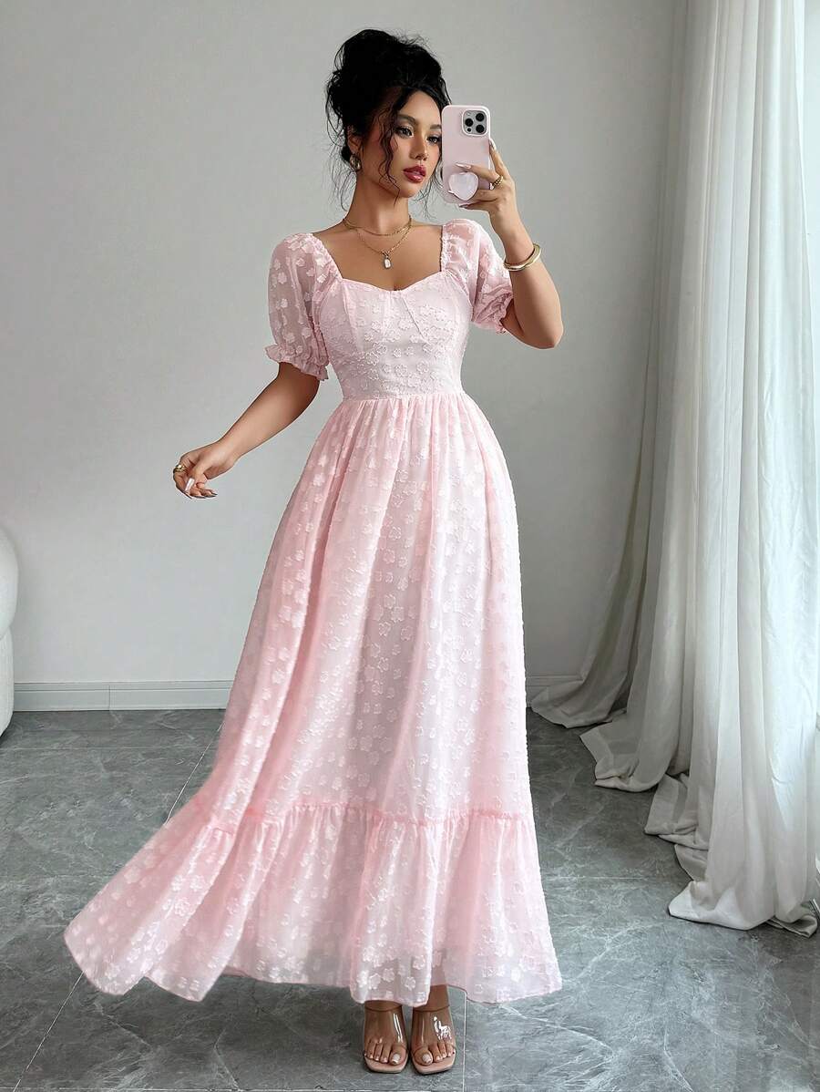 Modelyn Váy mùa hè ngọt ngào thanh lịch bằng vải jacquard tay bồng cho nữ, viền loe - Hồng - Xem 1