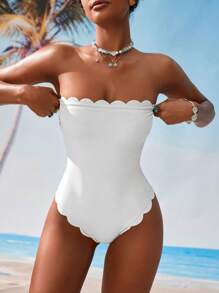 Swim Mod 1pc Solid Color Vacation Arc-Edged Bandeau One-Piece Swimsuit For Women For Summer - White - View 1