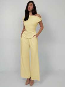 Aloruh Early Spring New Simple Solid Color Waist-Cinched Top With Straight Leg Pants 2Pcs Suit, Comfortable & Versatile Work Outfit - Yellow - View 4