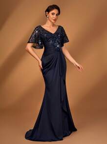 Serin Elegant Luxurious Sequin Floral Lace Patches Patchwork Stretch Satin Ruched Flounce Trim Sleeves Dress, Suitable For Wedding, Party, Holiday, Prom, Evening Gown, Mother Of The Bride - Navy Blue - View 5