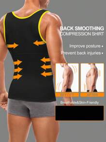 Men's Contrast Binding Breathable Elastic Compression Shapewear Top Slim Fit - Black - View 2