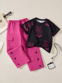 SHEIN 2pcs/Set Young Girl Summer Fashionable Floral Pattern Cargo Pants Set - Rose Red - View 1
