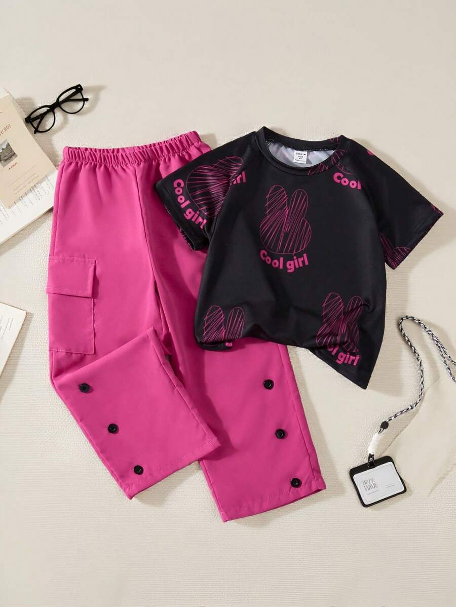 SHEIN 2pcs/Set Young Girl Summer Fashionable Floral Pattern Cargo Pants Set - Rose Red - View 1
