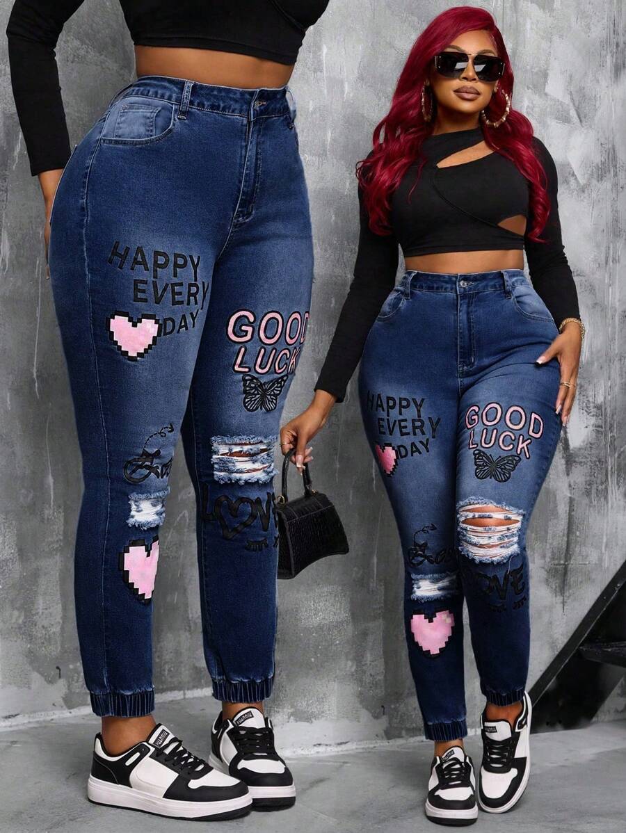 SHEIN SXY Plus Size Denim Stretch Skinny Jeggings With Elastic Waist And Printed Design