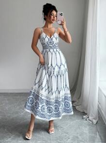 Elenzga 夏季女士细肩带收腰 A 字型优雅佩斯利印花连衣裙