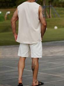 Manfinity RSRT 加大码男士纯色单排扣褶裥休闲上衣，夏季 - 杏色 - 查看 2