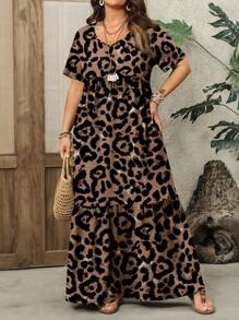 EMERY ROSE 大码豹纹度假休闲宽松连衣裙，适合夏季 - 杏色 - 查看 5
