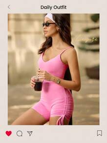 SHEIN Sovereign Charm Bộ đồ liền thân bó sát lưng chéo tập yoga dành cho nữ, màu hồng - Hồng - Xem 4