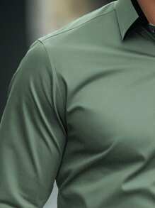 Manfinity Mode Men's Casual Commuter Business Color Block Trim Shirt, For Fall, Long Sleeve Top - Army Green - View 4