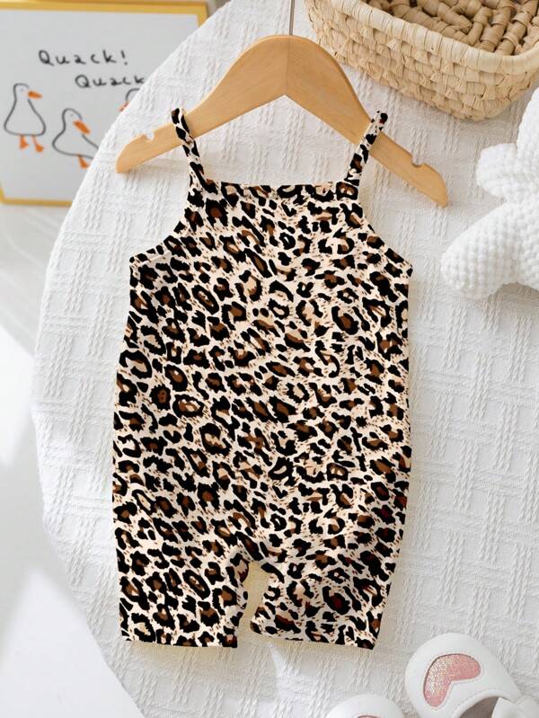 SHEIN Cute Vintage Leopard Print, Baby Girl Casual Jumpsuit Romper Suitable For Spring & Summer
