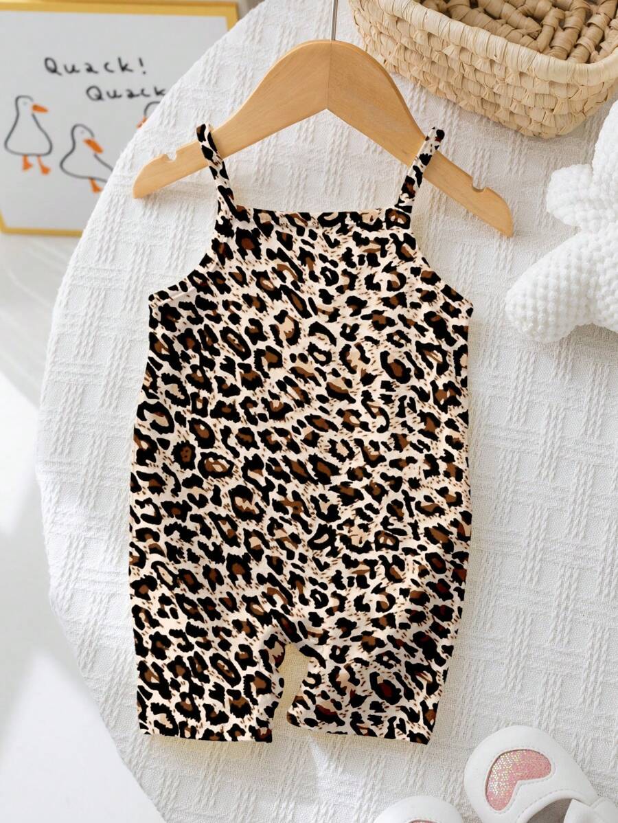SHEIN Bộ đồ liền thân in họa tiết da báo cổ điển dễ thương cho bé gái, phù hợp cho mùa xuân và mùa hè - Nhiều màu - Xem 1