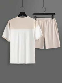 Manfinity Homme 2pcs/Set Men Letter Print Round Neck Short Sleeve Casual T-Shirt And Drawstring Waist Shorts Set - Multicolor - View 2