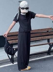 DAZY Set de 2 piezas: Camiseta de manga corta de cuello redondo tejida y pantalones largos para niñas preadolescentes, ropa de primavera/verano, de vuelta a la escuela - Azul Marino - Ver 6