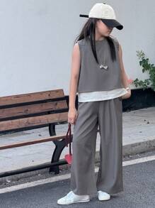 Dazy Kids 2 件套幼儿女童无袖圆领上衣 + 阔腿裤，夏季服装 - 灰色 - 查看 6