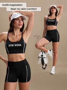 SHEIN Sports Conjunto de activewear con camiseta de tirantes y shorts con estampado de letra para mujer