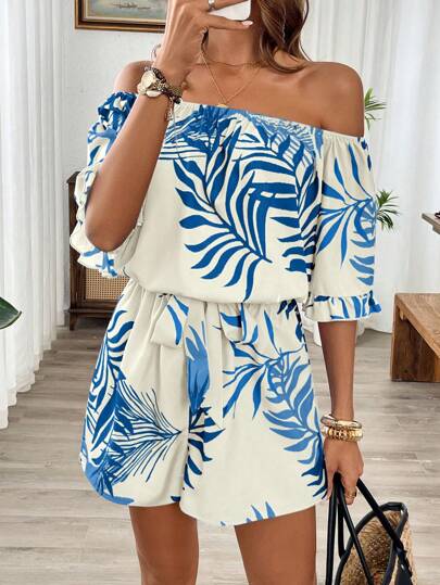 Breezaya Ruffle Sleeve Waist Cinched Off Shoulder Hawaiian Style Romper
